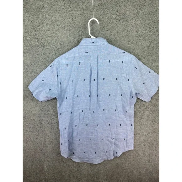 Brooks Brothers Shirt Mens Medium Blue Regent Fit Linen All Over Print Resort